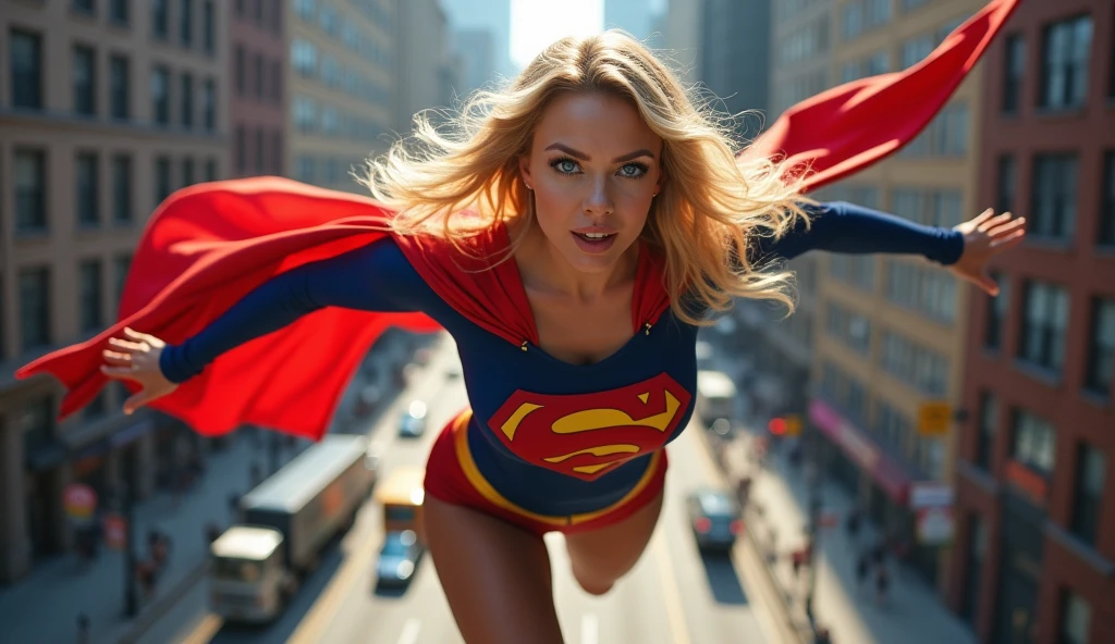 ultra realistic, photography, long straight blonde hair, (wavy elegant hair, blue eyes, perfect round lips, 30 years old, gorgeous face, voluptuous figure, perfect fit body, big enhanced breasts), Long eyelashes, ((best quality, 8 thousand, masterpiece:1.4)), Highly detailed face and skin textures, detailed eyes, she is wearing a tight and sexy Supergirl costume and flying through  the Streets of Manhattan, full body picture, dynamic shot, action shot