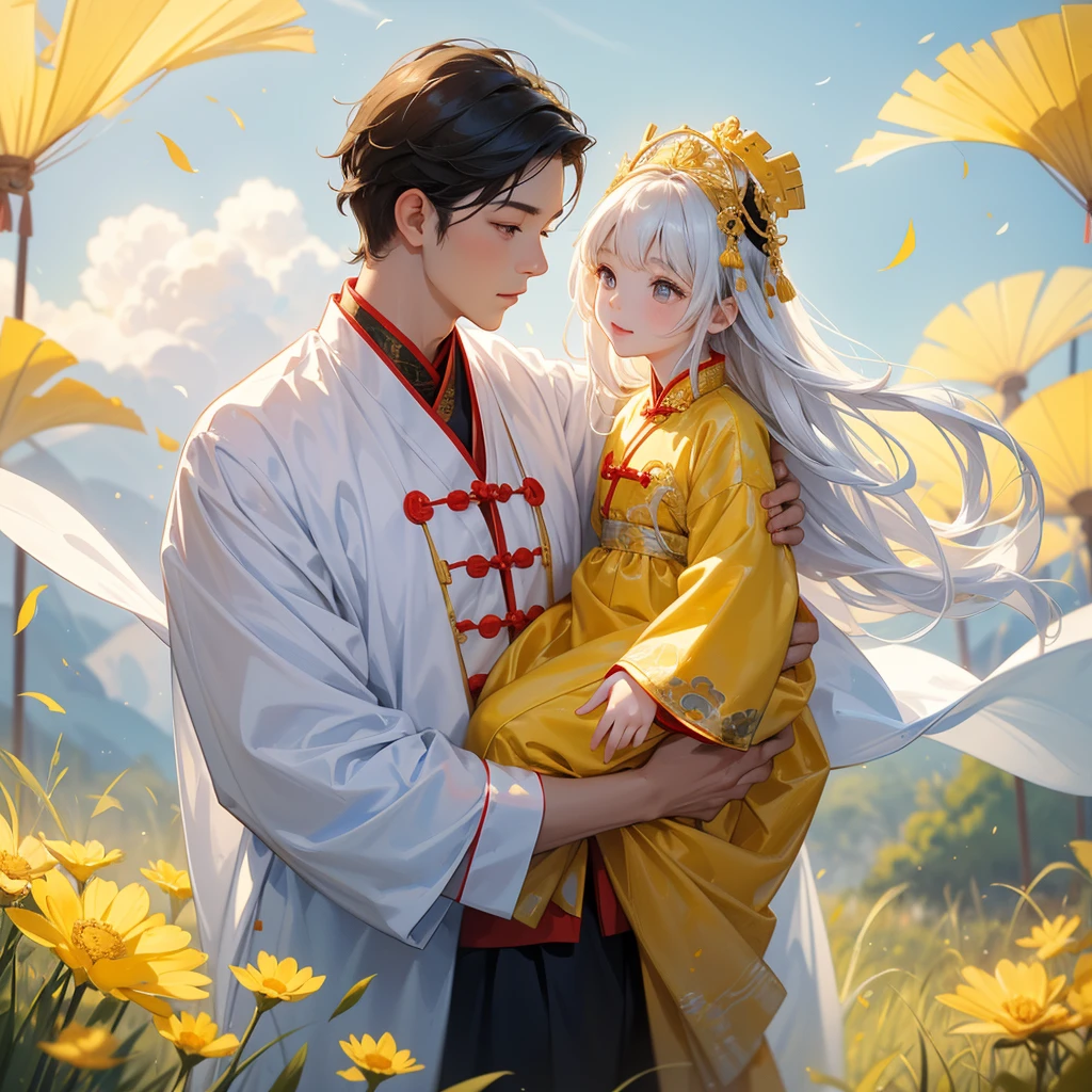 A one-year-old baby boy in an white ancient Chinese baby costume with his beautiful mother, dressed in an ancient Chinese costume, Standing in the midst of a field of bright yellow gold fields , There are some floating clouds, playing with each other, with his handsome father standing next to his mother, close up.