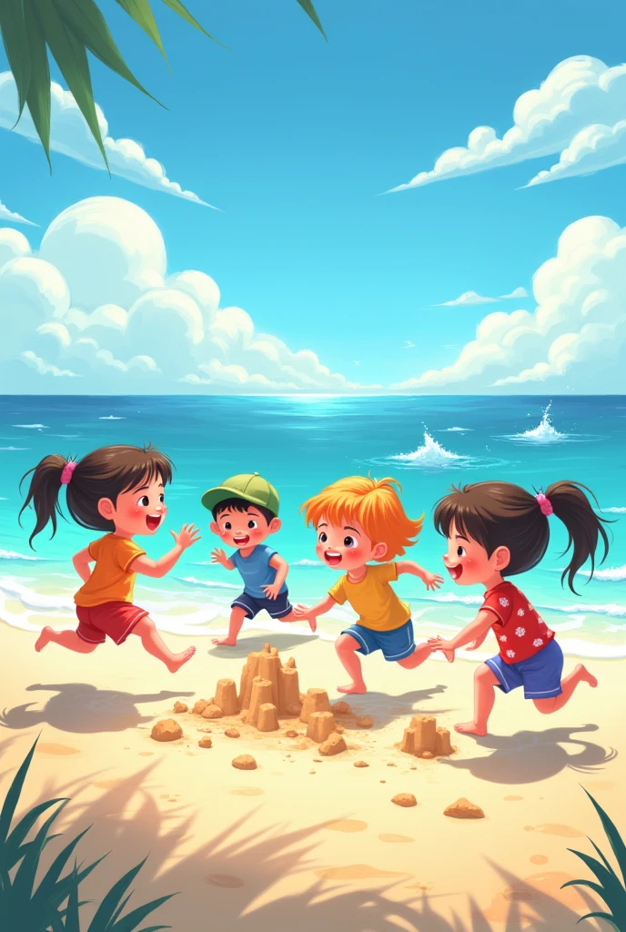 The sea, many children, playing games, having fun 