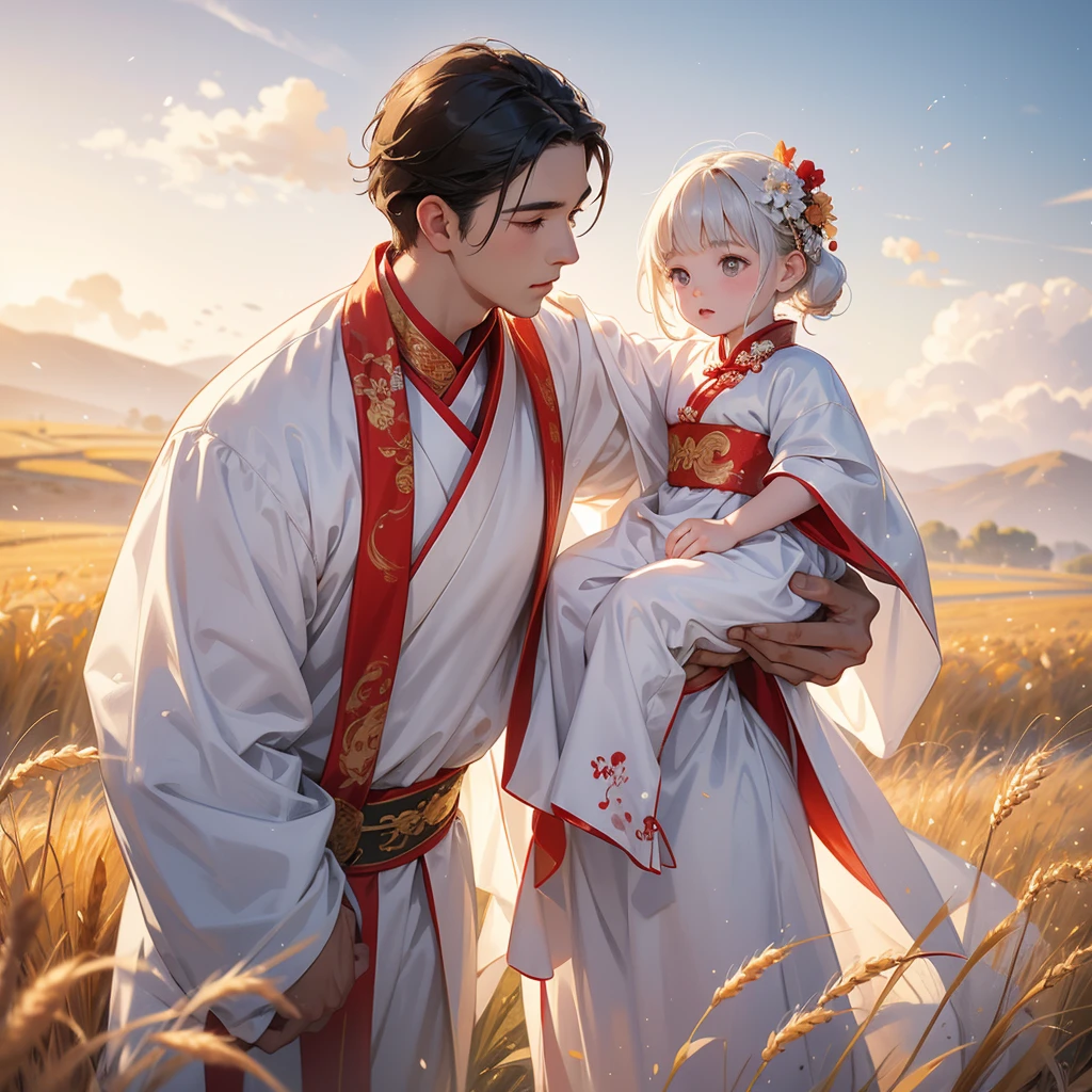 A -yead bab an white ancient Chinese baby costume wiis beautiful mother, dressed in an ancient Chinese costume, Standing in the middle of a wheat field, There are some floating clouds, playing with each other, with his handsome father standing next to his mother, close up.