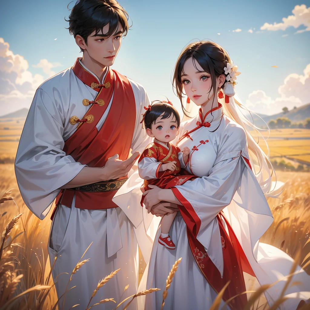A one-year-old baby boy in an white ancient Chinese baby costume with his beautiful mother, dressed in an ancient Chinese costume, Standing in the middle of a wheat field, There are some floating clouds, playing with each other, with his handsome father standing next to his mother, close up.