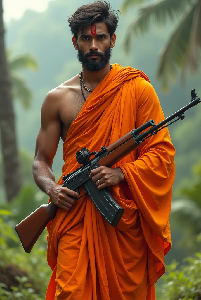 Hindu boy in saffron clothes with gun 