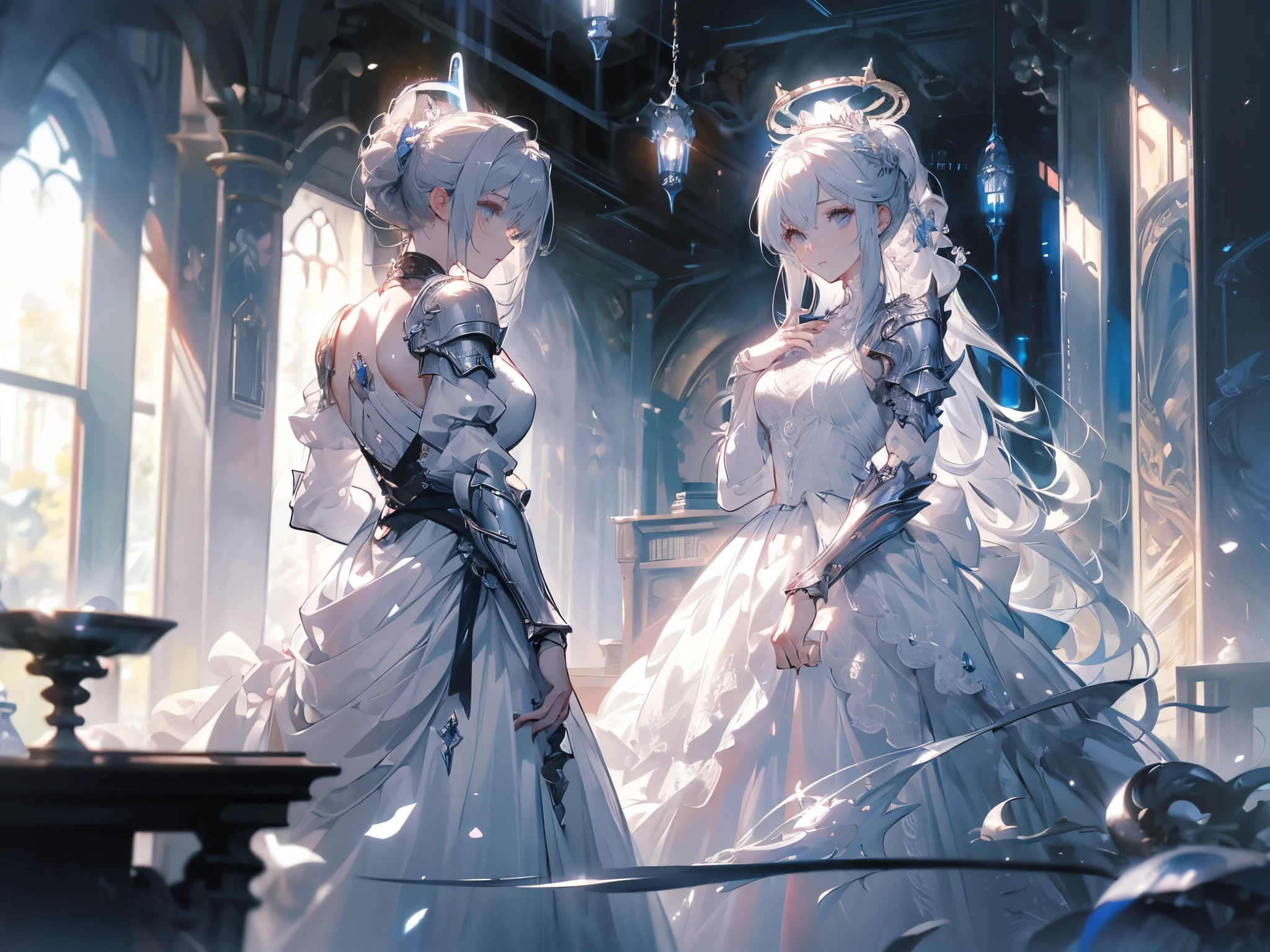 ((masterpiece, best quality)), Epic battlefield atmosphere,Delicate face,knight,Pure White Bride Armor,Halo,whole body,Standing picture,Perfect body proportions,Double ponytail hairstyle,Beautiful silver eyes,Fantasy style,White background,transparent,Lace