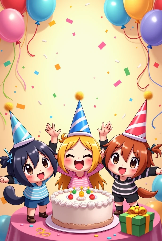 3 chibi cartoon characters celebrating birthday, page size picture