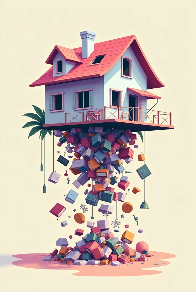 Vector image of a house in pastel colors. House with renovation and furniture,upside down,everything falls out of it ,what was on the floor and not fixed to the walls.
