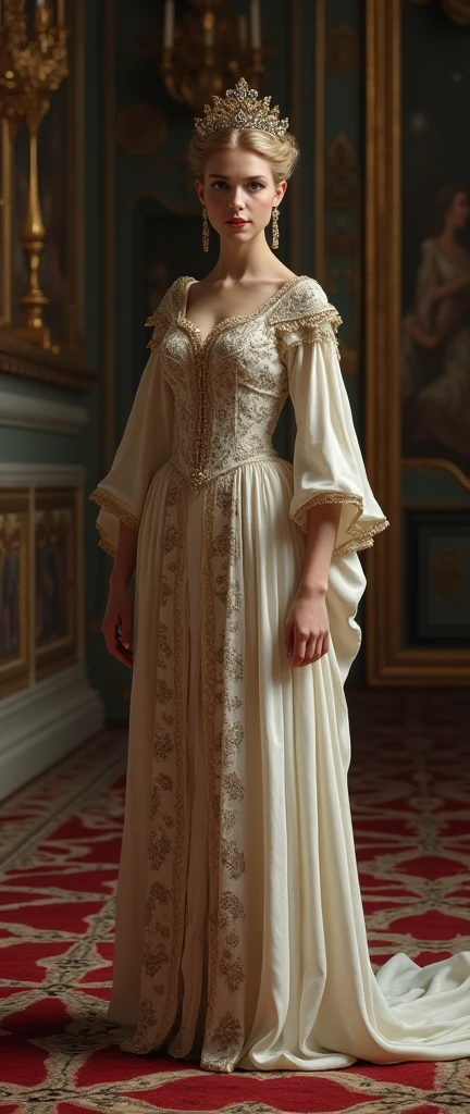 Front view, Full-body, standing pose, on floor, England  Palace, 12 century, looking at viewer, English White girl, England queen, 28-old, (blond  hair, hair bun, little lip, little smile ), (tiara with jewel, earring), (middle breasts, slender whist, middle hip), slender body,(ancient old fashion, courtly romance),ancient shoes,  night (masterpiece, Highest quality, masterpiece, God-like quality, Godly art, Very realistic),