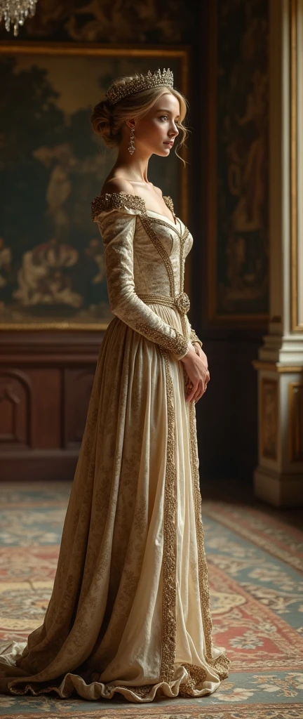 Front view, Full-body, standing pose, on floor, England  Palace,  century, looking at viewer, English White girl, England queen, 28-old, (blond  hair, hair bun, little lip, little smile ), (tiara with jewel, earring), (middle breasts, slender whist, middle hip), slender body,(ancient old fashion, courtly romance),ancient shoes,  night (masterpiece, Highest quality, masterpiece, God-like quality, Godly art, Very realistic),