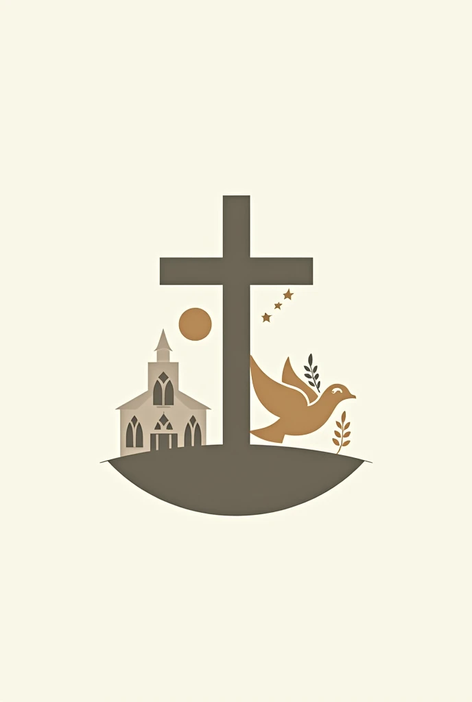 Church logo with cross in the front and church in the back and dove with leaves design