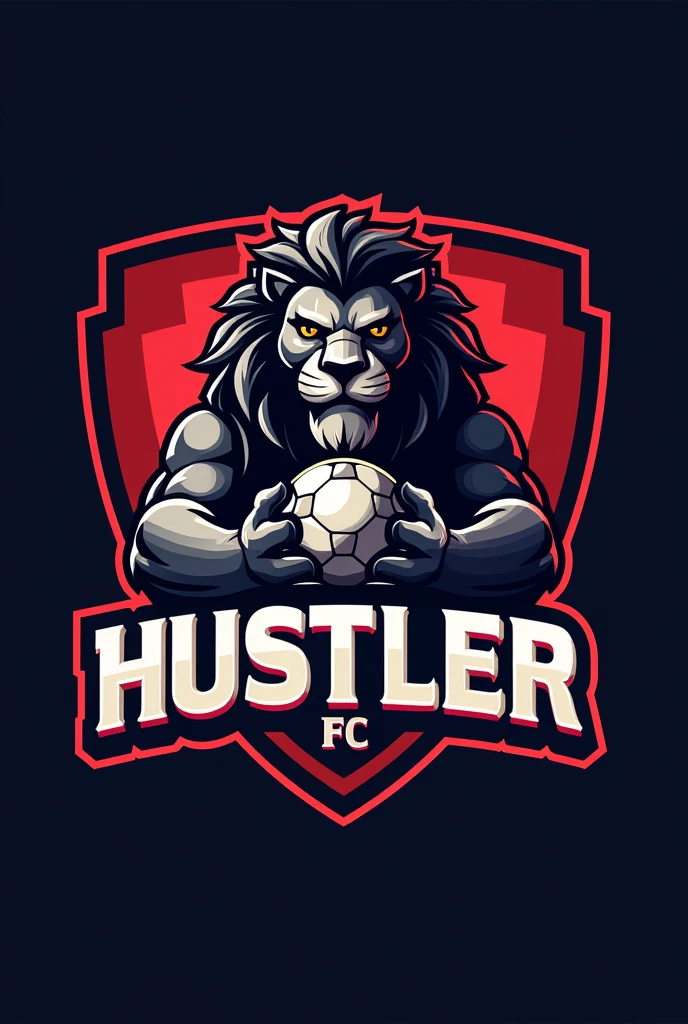 Creat hustler FC football club logo with lion and football in the center and hustler FC written in the logo