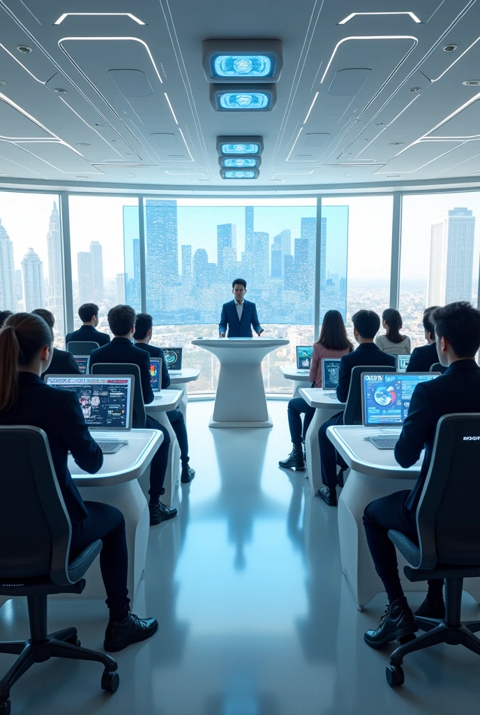 futuristic college classroom with advance technology