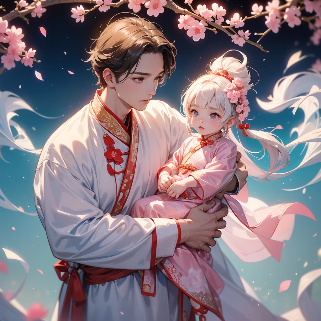 A one-year-old baby boy in an white ancient Chinese baby costume with his beautiful mother, dressed in an ancient Chinese costume, Standing in the middle of pink carnations, There are some floating clouds, playing with each other, with his handsome father standing next to his mother, close up.