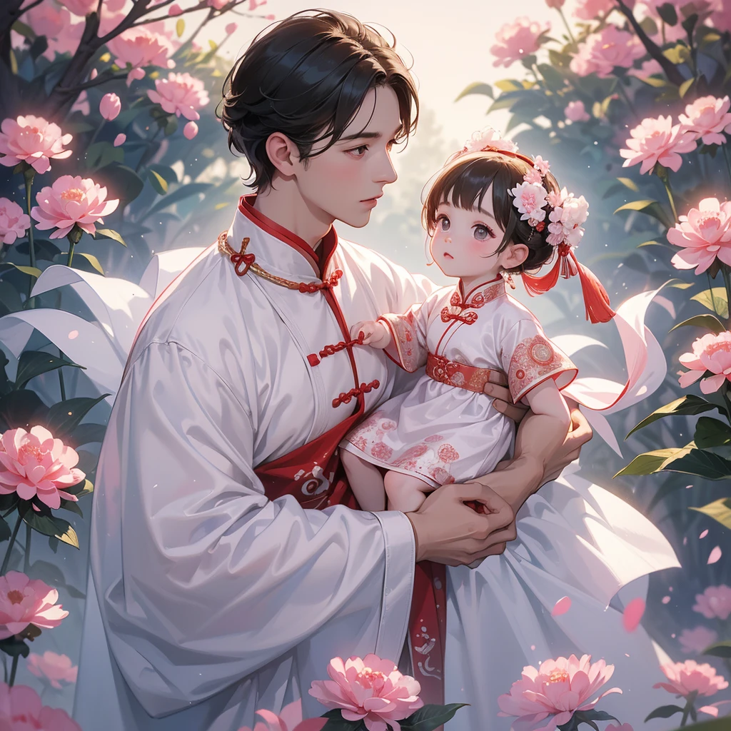 A one-year-old baby boy in an white ancient Chinese baby costume with his beautiful mother, dressed in an ancient Chinese costume, Standing in the middle of pink carnations, There are some floating clouds, playing with each other, with his handsome father standing next to his mother, close up.