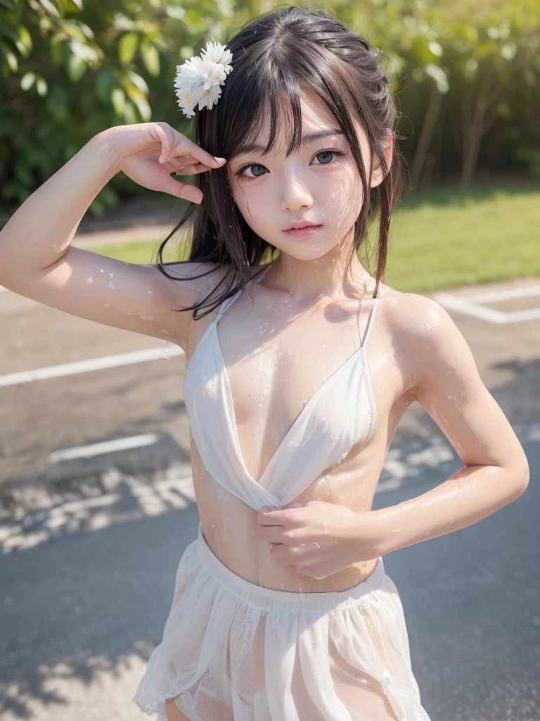 (best quality:1.2), masterpiece, Realistic, Ultra-high resolution, ((a beautiful Japanese idol girl:1.2)), (Gaunt:1.3), ((natural makeup:1.2)), (((Very flat chest:1.4))), ((Baby Face:1.3)), ((upper body)), (nup, cheerleader:1.2), (show me your armpit:1.2), (sweaty armpit:1.1), ((Armpits are wet and shiny with sweat)), She has skin that sweats easily Soaking wet, Sweaty, (I can see my pores:1.2), topless, solo, smile, standing, looking at viewer