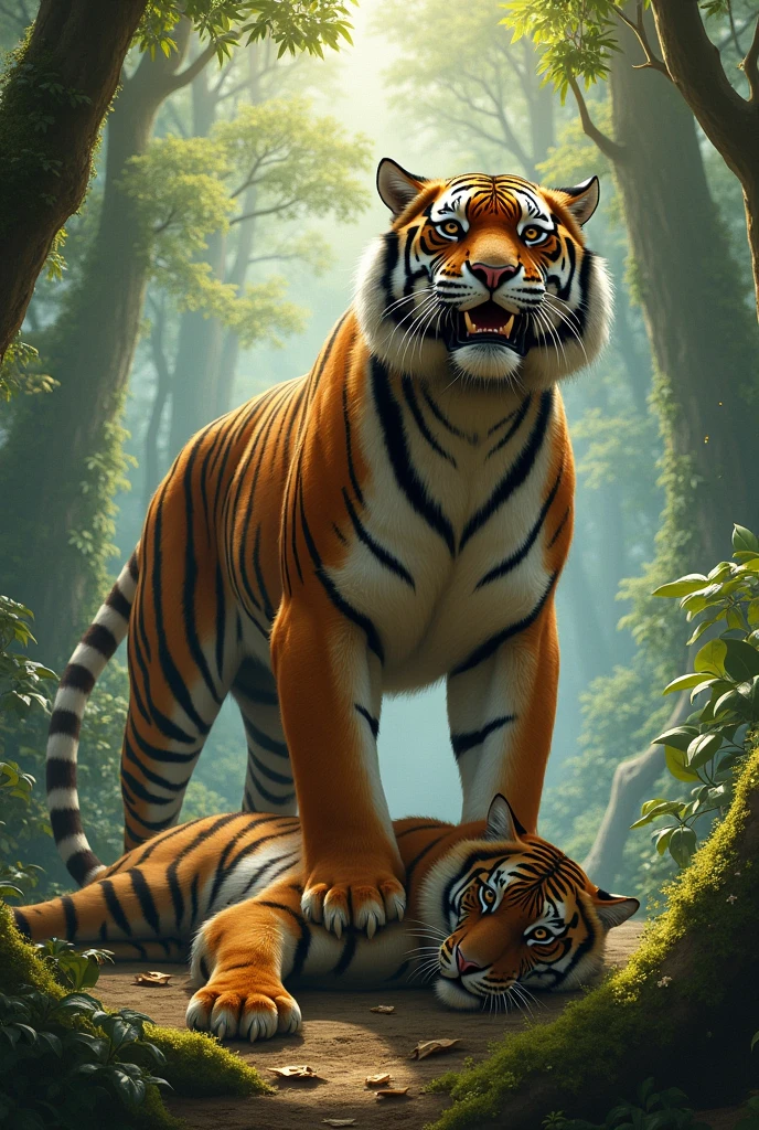 Tiger standing on a dead Puma that it fought.
In a beautiful green forest