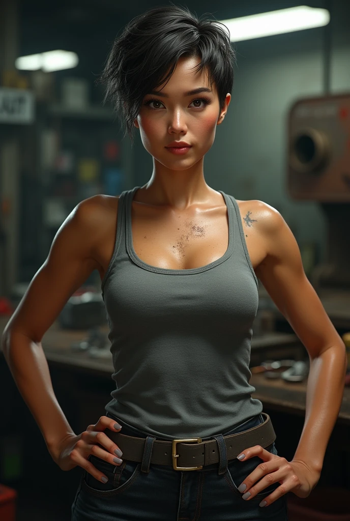 (photorealism:1.2), a female mechanic, in a tight grey tank top, dirty, small , hands in hips, armpit hair, sweaty, standing streight, frontal view, portrait, short hair, no facial expression, high detail, 4K,