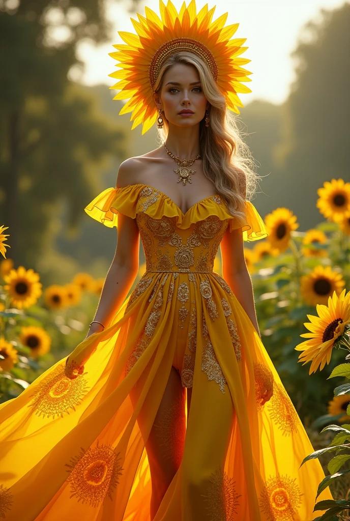 Create me a feminine spring outfit/summer, that it is extravagant and that it is based on the sunflower, full body and front view.