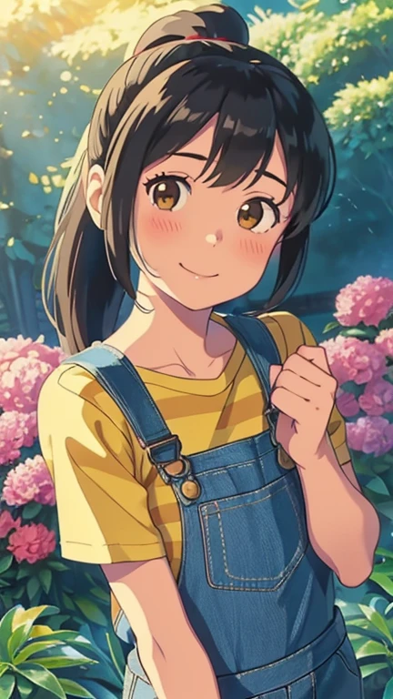 (1girl, solo, highly insanely detailed, masterpiece, top quality, best quality, highres, 4k, 8k, RAW photo),((innocent look)),((Childish)),From the front, symmetrical composition,smile,cute,Innocent,Kind eyes, kotonoha no niwa, park,flowers,lawn,trees, The Garden of Words, (agnes), upper body, female *****, Black hair with straight bangs and a ponytail with a red band, big round brown eyes, slightly blushed cheeks, smiling expression, wearing a striped yellow and blue shirt, blue overalls, 