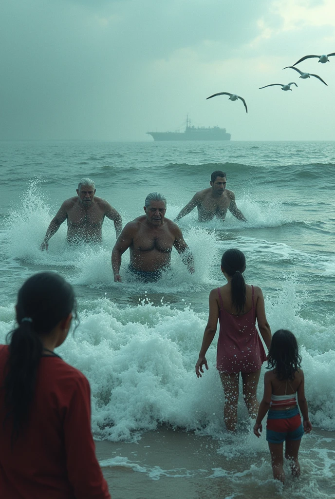 In the water of the sea 3 people are drowning at the same time and an old mother, a wife and a  daughter are screaming for help 