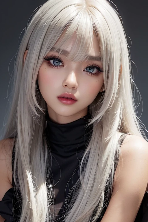 Black gal style woman、(Tan Skin:1.4)、Long silver hair、Big eyes with crispness、Matte base makeup、Heavy eye makeup、white highlight、Thick eyeliner、False eyelashes、Colored Contact Lenses、Sexy and edgy、Flashy accessories