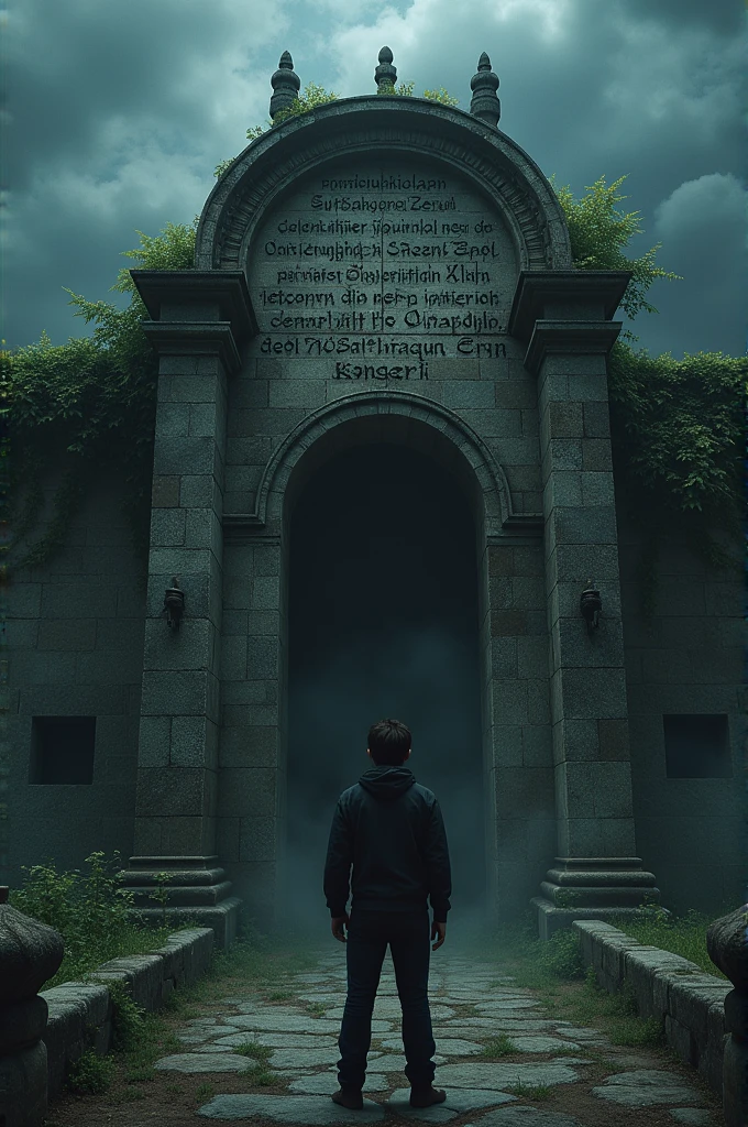 A young man standing in front of an ancient, stone-built palace with an eerie, overgrown entrance. The door has a mysterious inscription that reads, "Yahaan aane wale apna raasta bhool jaate hain." The sky is dim, with dark clouds gathering, adding a sense of suspense and foreboding.