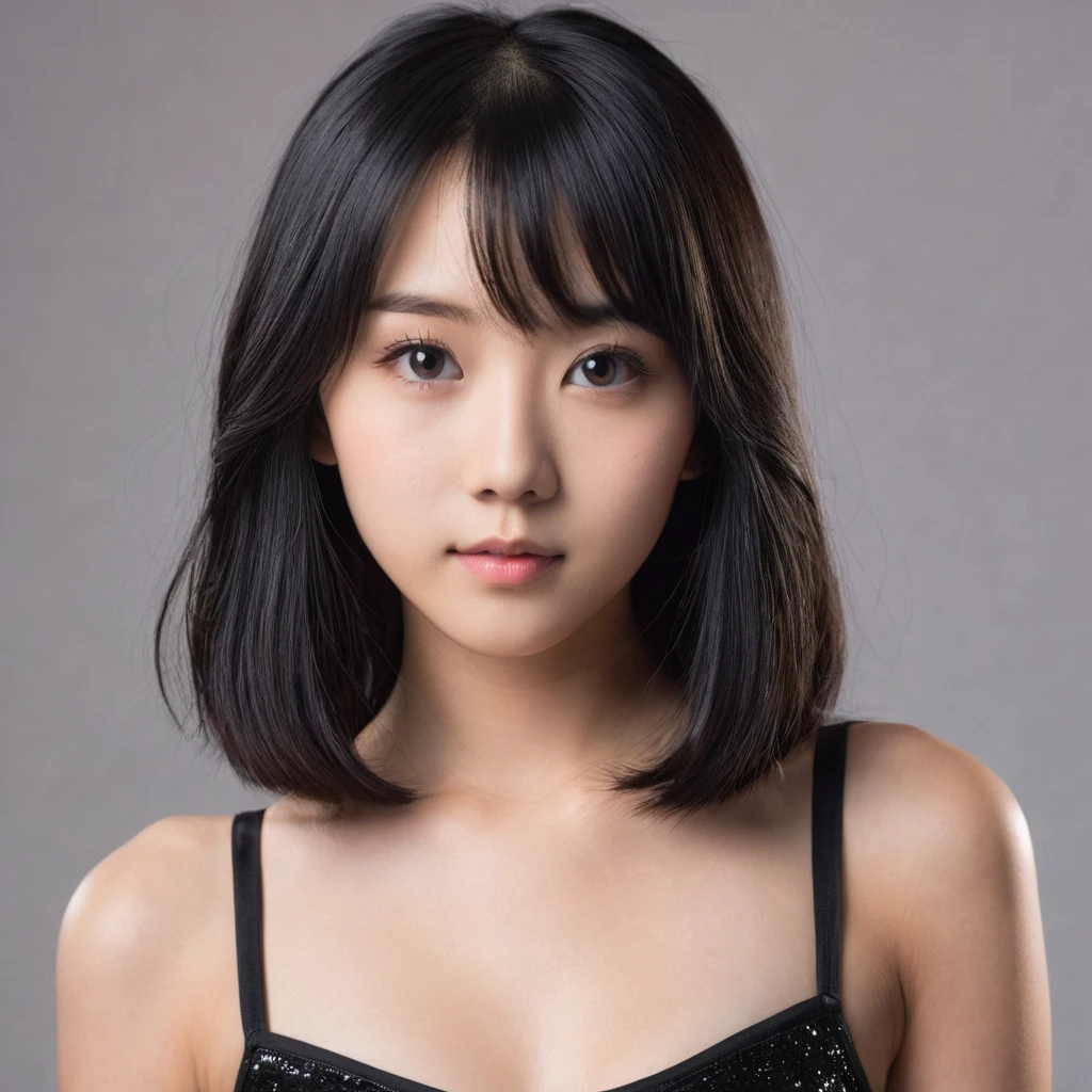 Yui, photo of year female, black shoulder length hair, medium breast lighting, studio lighting), (film grain, highly detailed glossy eyes, high detailed skin, skin pores); wear black tight bodycon, full body photo
