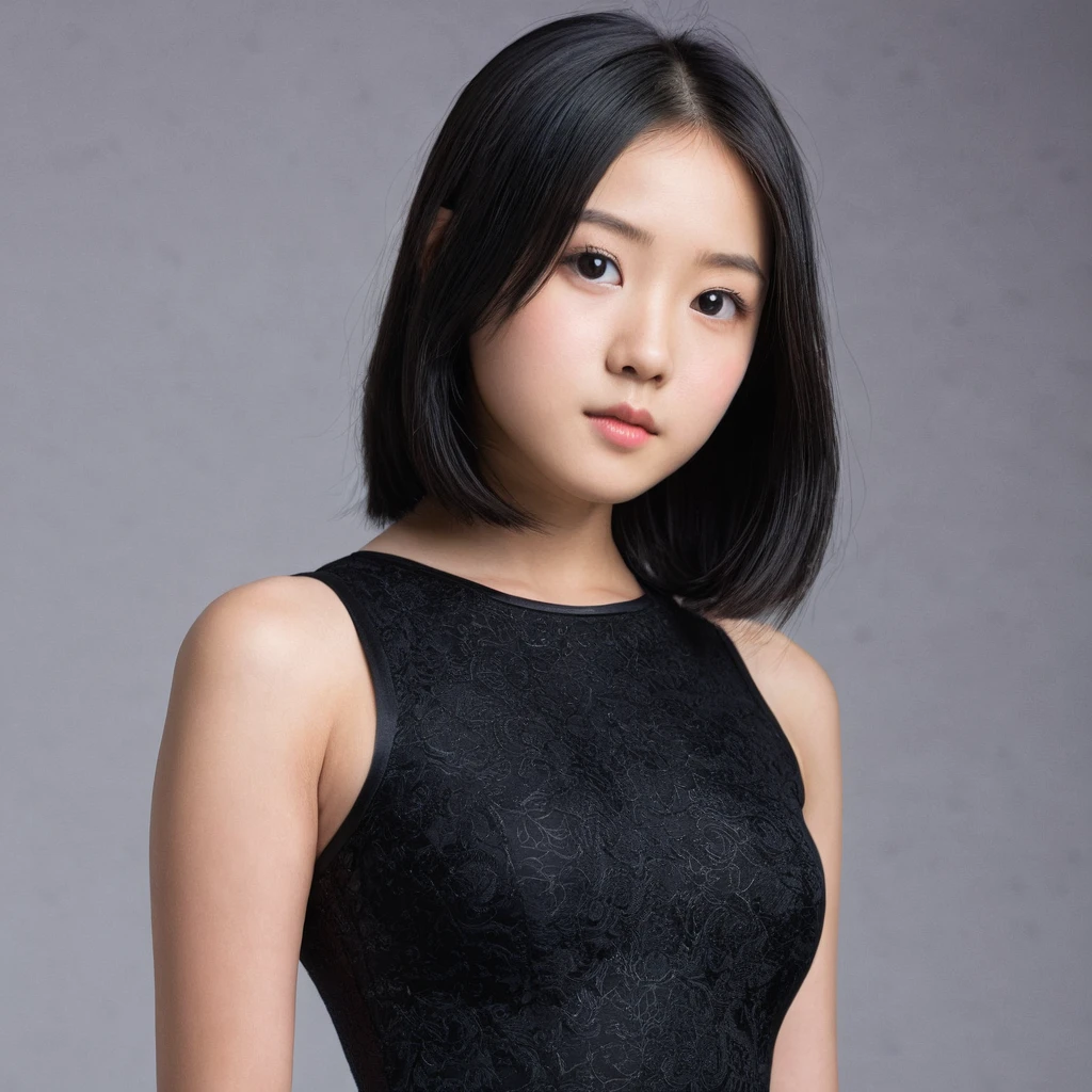 Yui, photo of age 15 year female, black shoulder length hair, medium breasts; (rim lighting, studio lighting), (film grain, highly detailed glossy eyes, high detailed skin, skin pores); wear black tight bodycon, full body photo