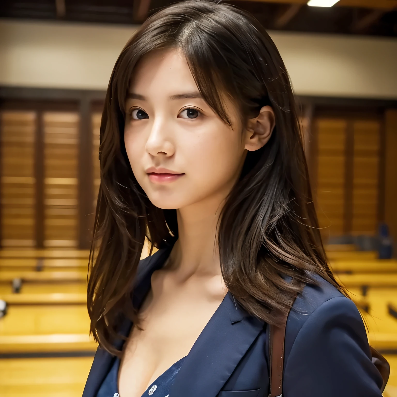 mixed Japanese-Russian beautiful woman stands from the side in a empty univ hall. she looks forward, arms squeezing chest. She is 20. She got a perfect face, freckles, and beautiful eyes. Curly and Soaked long hair. She is naked, deep cleavage. She is thin, her legs are long, and her big chest stretches the fabric. Tomboy vibe. backpack