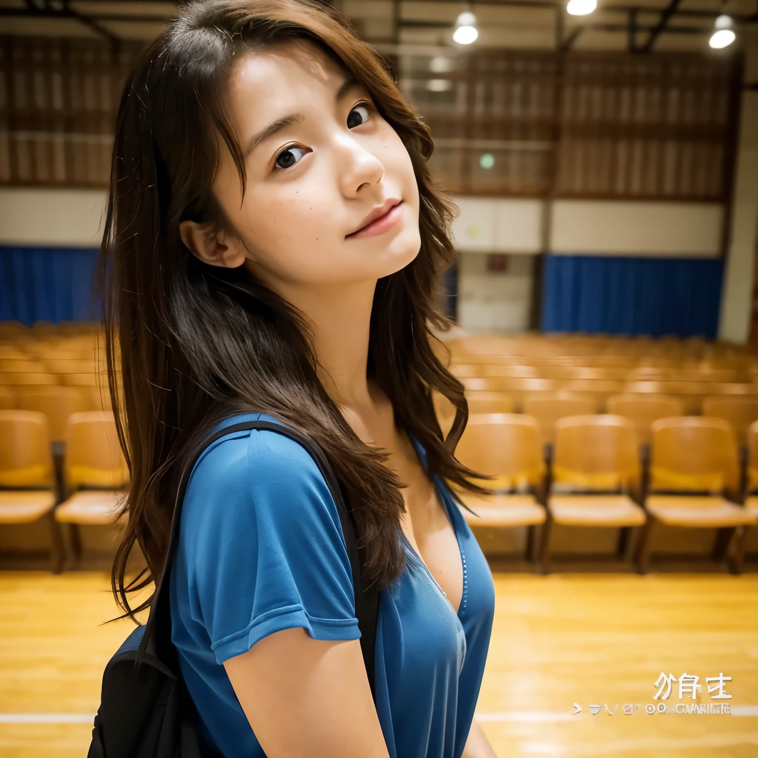 mixed Japanese-Russian beautiful woman stands from the side in a empty univ hall. she looks forward, arms squeezing chest. She is 20. She got a perfect face, freckles, and beautiful eyes. Curly and Soaked long hair. She is naked, deep cleavage. She is thin, her legs are long, and her big chest stretches the fabric. Tomboy vibe. backpack
