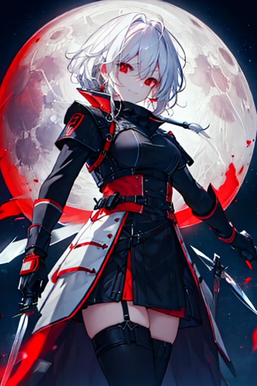 Masterpiece、8k、high resolution、Dynamic Lighting、night、Red moon background、View your viewers、（cool:1.2）、（sexy:0.8）、A defiant smile、White Hair、Red eyes、Throwing knives、
