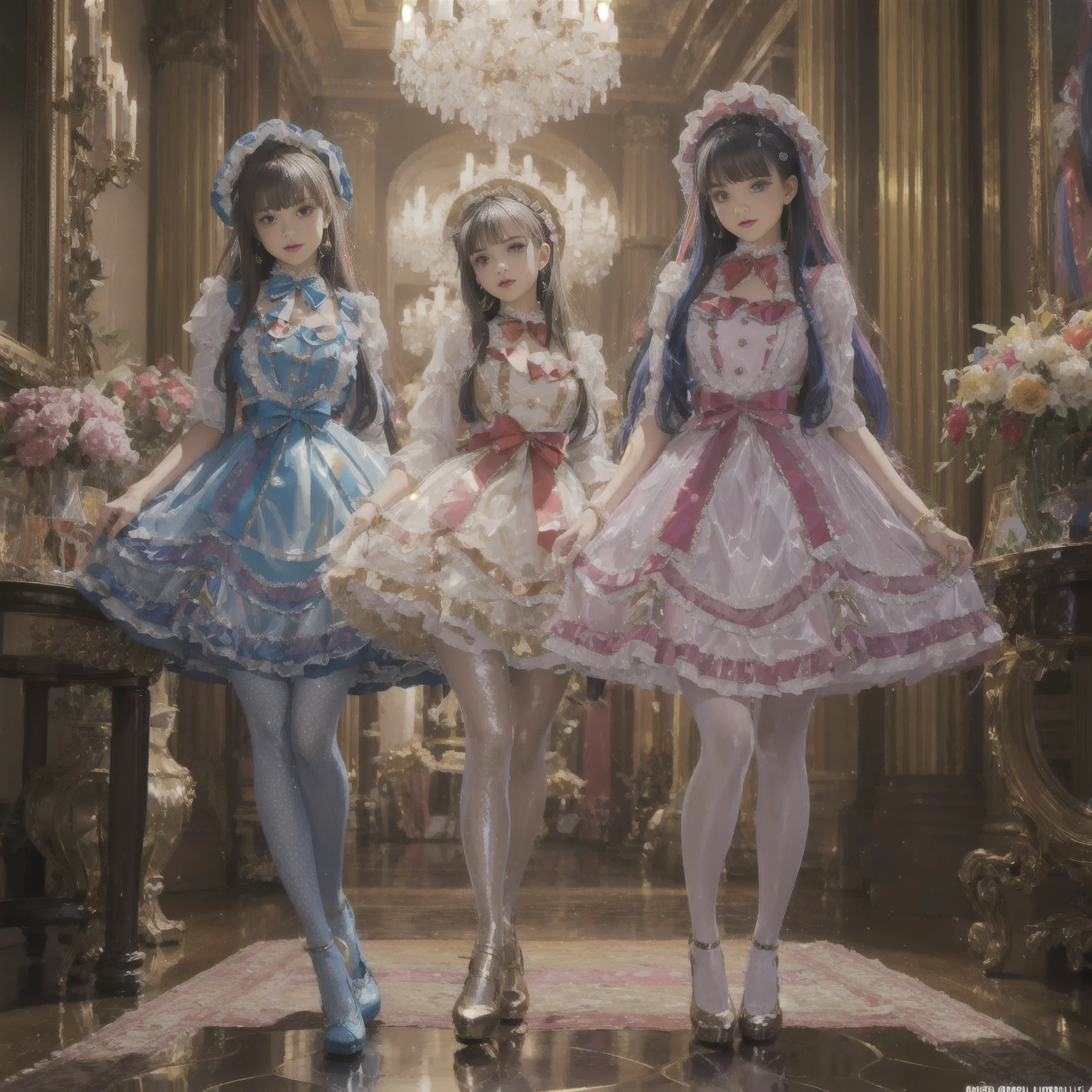 (full body shot:1.5), Movie poster composition, (on a snowy mountain), Miserable white skin, Ambilight, Nine-head body, Group photo, ((multicolored))，Three or more girls，Model figure, long-legged woman, A woman in a luxurious and elaborate lolita dress, wearing lolita mary jane shoes with ornate details, patterned tights, (Glossy Reflecting collection), (Glossy Reflecting collection), (Oily shiny)), (Metallic clothes), (Metallic dress), (Metallic tights):1.2)，, Postures vary, with reflective skin and reflective clothing, venusbody,Large movement amplitude, ray tracing, reflection light, chiaroscuro, UHD, masterpiece, anatomically correct, textured skin, super detail, high quality, 4K, highres