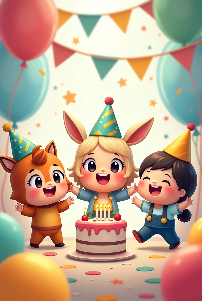 Three chibi characters celebrating a birthday, narrowed down image
