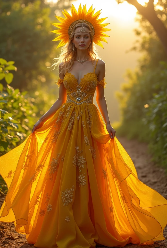 Create me a feminine spring outfit/summer, that it is extravagant and that it is based on the sunflower, full body and front view.