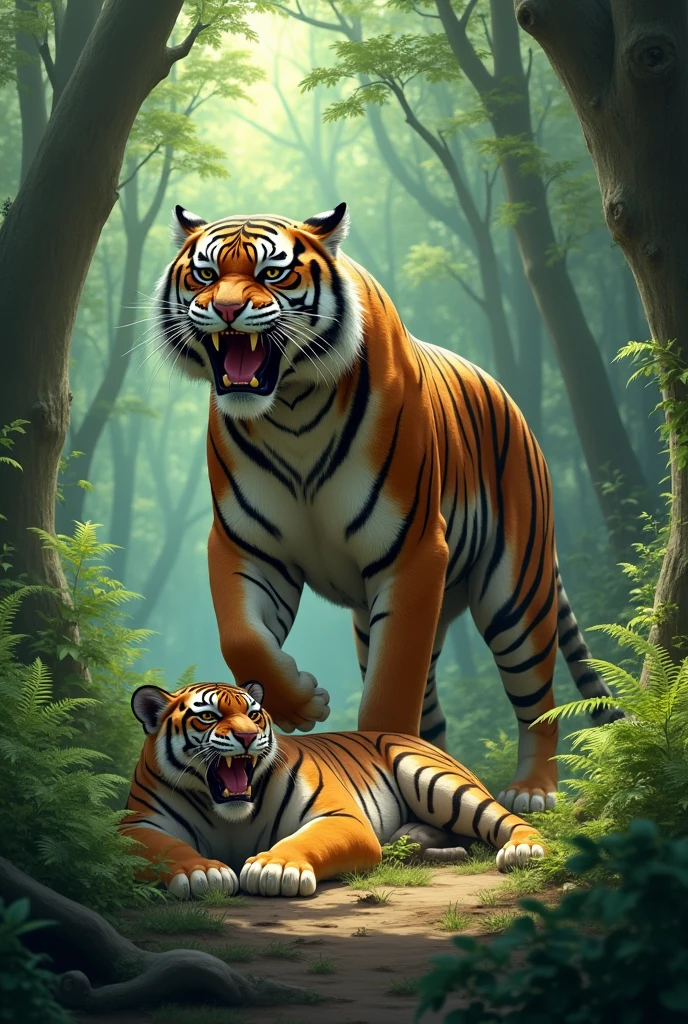 Tiger standing on a dead Puma that it defeated
In a beautiful green forest