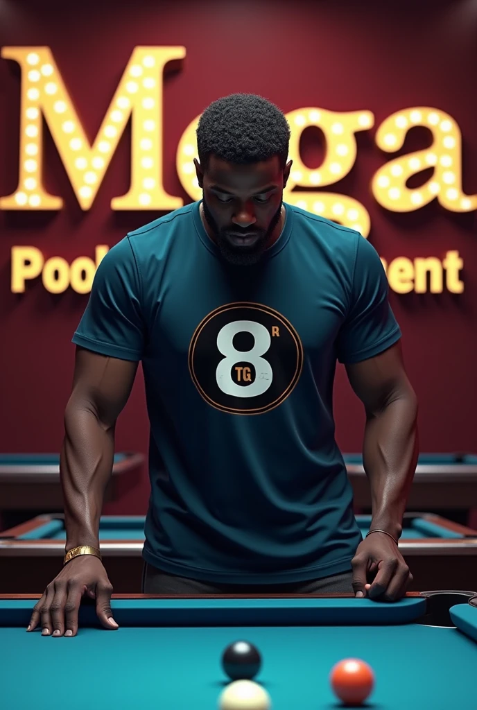 A  Kenyan handsome man playing bollards wearing a t-shirt with logo of black number 8 ball written P.T.G .
The name ''MEGA POOL TOURNAMENT' Bold 3d in God and diamond, Everything should look real 