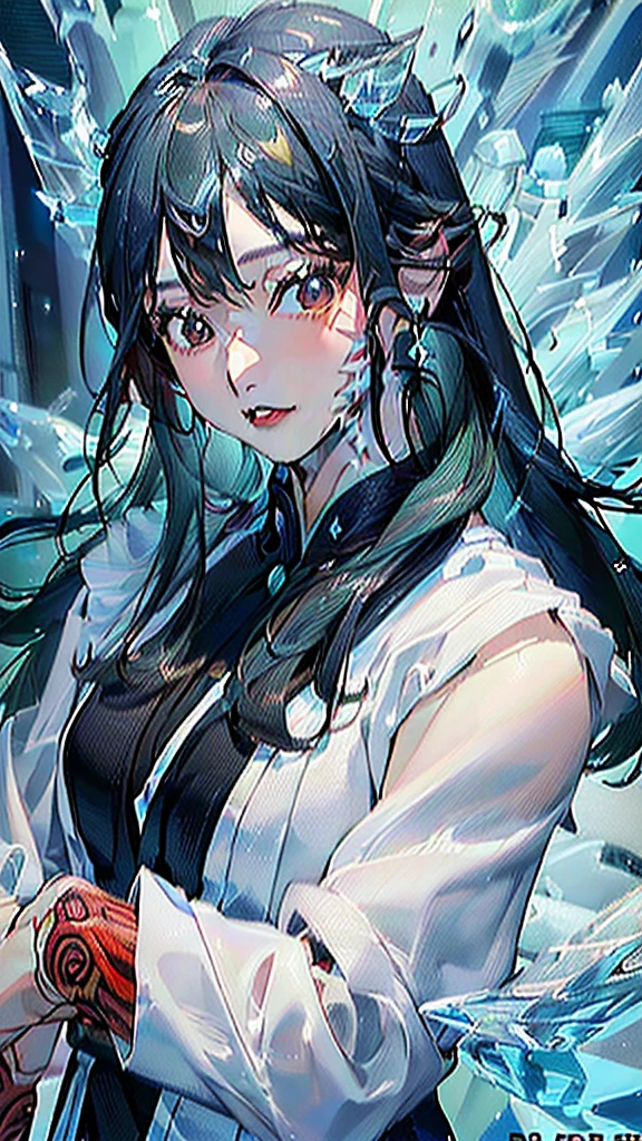 (((masterpiece, High resolution, accurate, Anatomically correct, most high quality, Very detailed, high quality, Ultra high definition:1.5))), Big Tits, Earrings, Sparkling eyes, moving line, Speed Line, mage,sexy pose,(((upper body,one woman,master of ice,氷の城 :1.5))),smile,Different world,another world