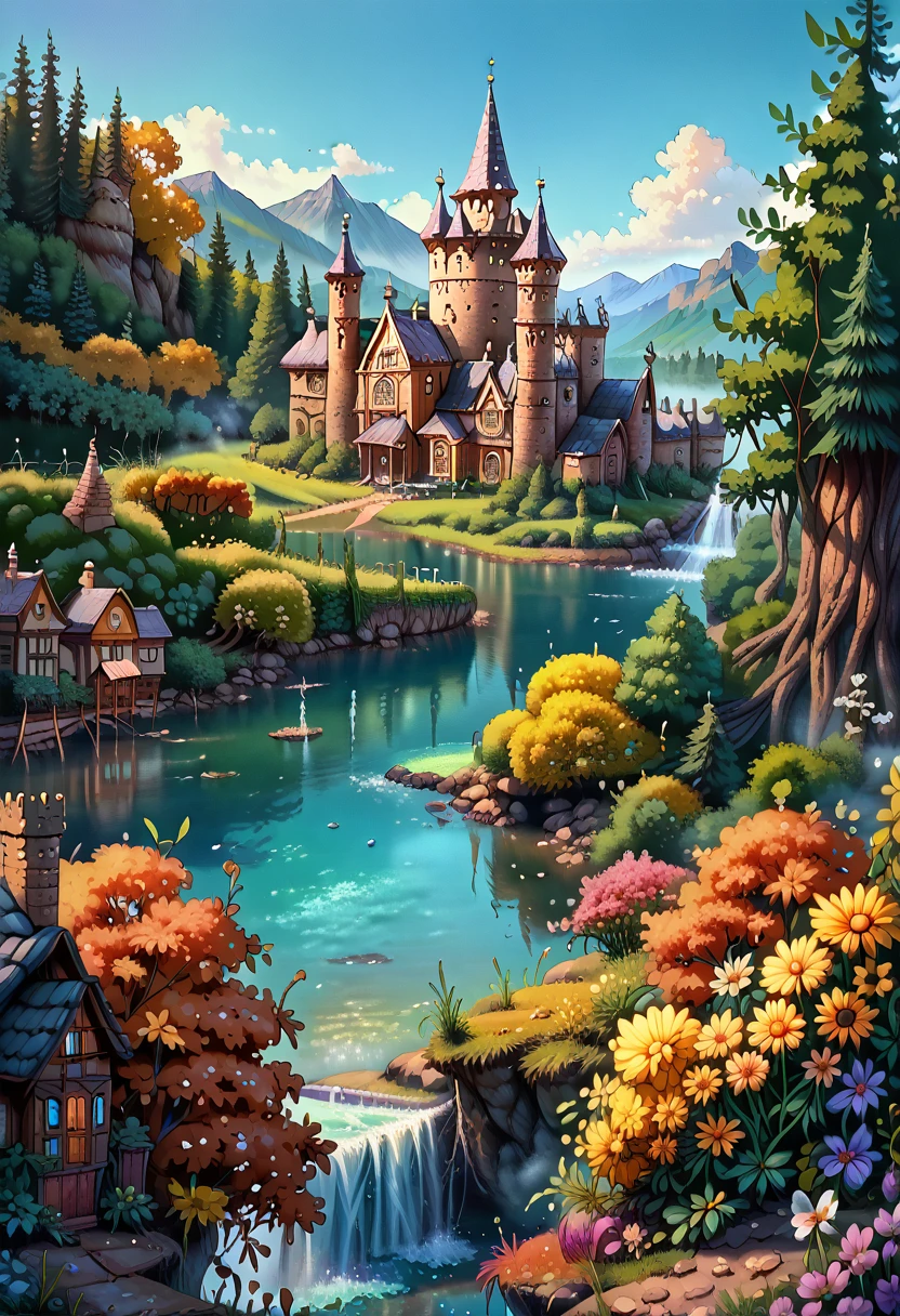 masterpiece, Best quality, high quality, extremely detailed CG unit 8k wallpaper, landscape, Open, sky, cloud, day, great medieval castle, No people, mountain, landscape, water, tree, blue sky, waterfall, cliff, nature, lake, River, village, autumn, cloudy sky, multicolored flowers, award winning photography, hips, depth of field, HDR, blossom, chromatic aberration, photorealistic, extremely detailed, trend on artstation, Trend of CGsociety, difficult, high detail, dramatic, art to the middle of the road