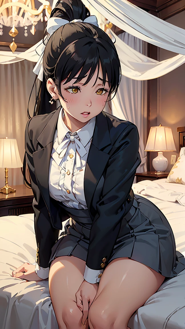 ren hazuki, long hair, bangs, black hair, bow, (yellow eyes:1.3), ponytail, hair bow, high ponytail, shirt, dress, ribbon, school uniform, jacket, white shirt, open clothes, collared shirt, open jacket, red ribbon, neck ribbon, blue jacket, pinafore dress, grey dress, yuigaoka school uniform,-- (High quality, high resolution, great details), (Close up of face:1.2), Romantic atmosphere, Warm lighting, Warm colors, Alone,, Curvy woman, (((Closed eyes 1.5))), ( ((Kiss on face and lips 1.5))), Blushing, Sweat, Oily skin, Shallow depth of field---- ---Pure white and beautiful lace bra, (((Show me your pure white and beautiful white lace lingerie))). ((Pure white and beautiful panties)), pure white and beautiful stockings, ---(8K, Raw, Highest Quality, Real 1.2), Ultra HD, High Resolution, Highest Quality, Perfect Face, Perfect Limbs, Perfect Fingers, High Resolution, (Beautiful anime face, Cute face, Detailed face), (Stunned: 1.3), (Shy: 1.3), (Slightly surprised expression: 1.3), Lying on bed, Cowboy shot, Miniature human hand, (((Medium bust 1.3))), (( (Thin thighs 1.3))), ((Bedroom with white walls 1.5)), ((Bedroom with white frame 1.5)), ((Bedroom with white ceiling 1.5)), ((Divine light 1.5)), Pure white chalk interior, Pure white marble interior, ((Pure white bedroom like a Western castle: 1.5)), ((Luxurious pure white canopy bed: 1.4)), ((Chandelier: 1.4))), ((Pure white bed 1.5)), ((Beautifully decorated bedroom 1.5)), perfect anatomy, perfect proportions, nice lighting, bright colors, clean lines, information, blurred, stunning facial expression, restless emotions, gorgeous and cute, beautiful face and eyes with every detail, (masterpiece) beautiful face, young and handsome girl, really perfect skin, blurred, stunning facial expression, restless emotions, gorgeous and cute, beautiful face and eyes with every detail, (Audrey Hepburn), (cute), (J-POP idol), (thighs, (depth of field), (depth of field), soft light, sparkling lens gaze, (droopy eyes), straight teeth,