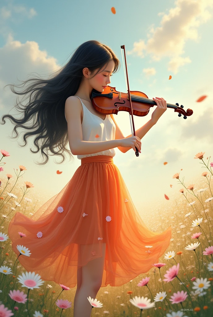 full lenght in the middle of a small field of white and pink flowers. A beautiful, sweet, and gentle young woman of 20 years of age, wearing a white sleeveless dress, a short orange skirt, small pink flower patterns, long black hair, standing and playing the violin in the middle of a beautiful atmosphere. Oil painting, oil painting, 3D painting, art painting, Ajarn Chalermchai Saengruangrong, sparkling, clarity at the level of an Ultra movie film.