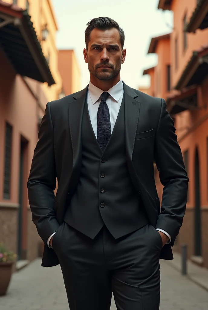 1 man, solo, tall, James bond, moroccon, hunk, muscular, bulk, wide shoulder, photorealism, best quality, masterpiece, high resolution:1.2, high detailed suit, high detailed face, award winning, city background. Close look, tensed face, detailed facial lines,