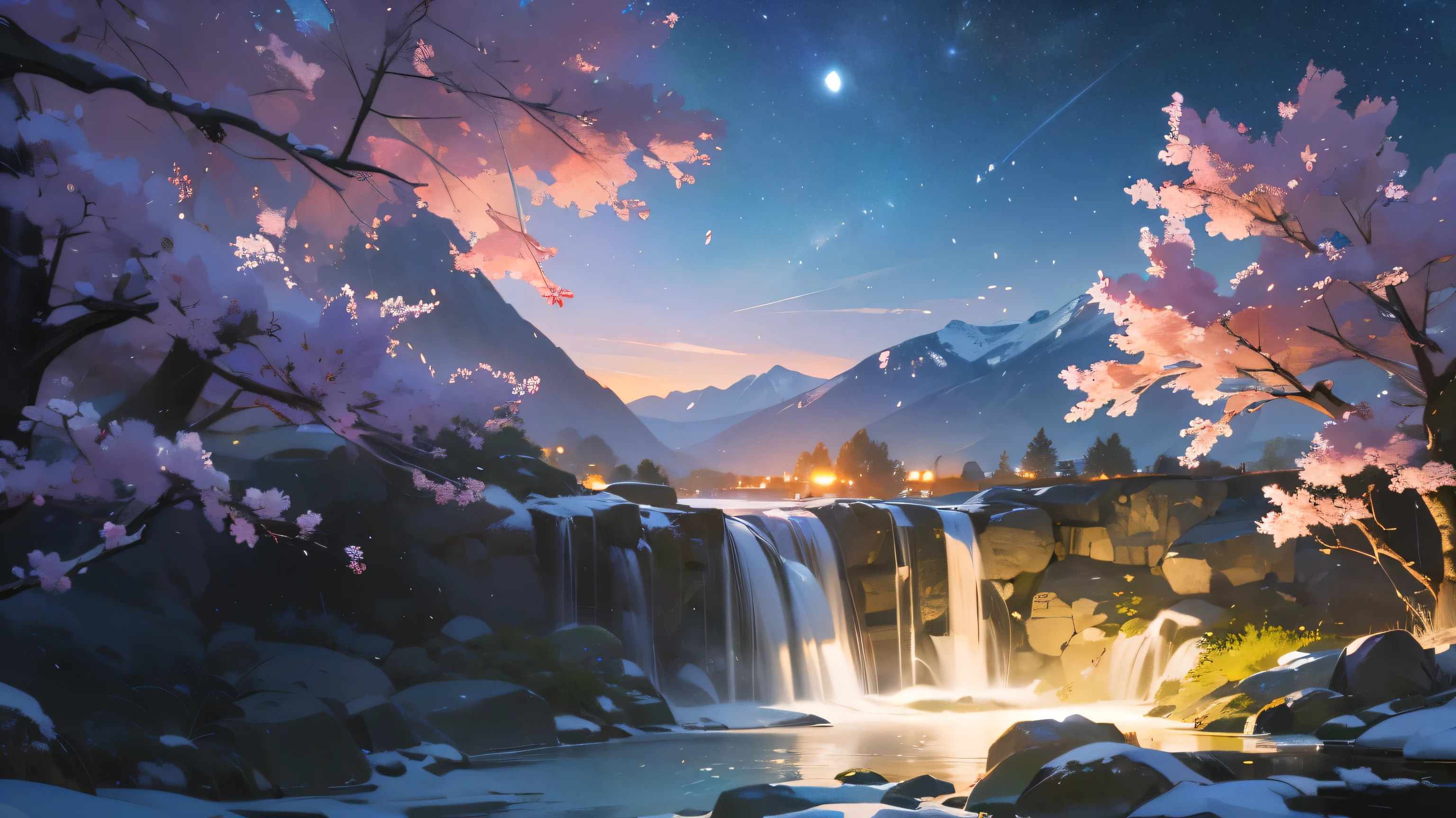 a starry night sky, sakura petals floating in the air, snow-capped mountains in the distance, full moon, detailed waterfalls, lush green foliage, warm lighting , galaxy colors, ethereal atmosphere, (best quality,4k,8k,highres,masterpiece:1.2),ultra-detailed,(realistic,photorealistic,photo-realistic:1.37),landscape,concept art