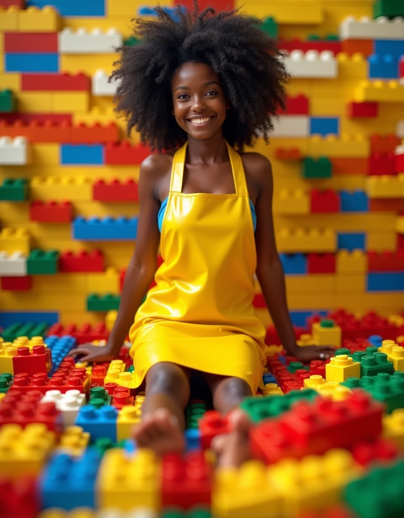 Real and natural photo.   Happy and happy Italian girl. Beautiful 26-year-old black girl, straight and tall, only a shiny yellow apron, wearing nothing underneath.   In the middle of the legos in the suspended space.  Excellent quality, high detail.      8k footage, dutch shot, low angle.   This photo of god view is detailed photo, beautiful Italian woman, prominent breast, clear breast curve.    Lego around him in the background and in the foreground in lego anklets, lego, and lego, he poses in lego as she laughs. 
    (masterpiece, award-winning work of art)
    high detail, lego, full of details, iso 400. دیافراگم ۱.۸. سرعت شاتر ۱۰