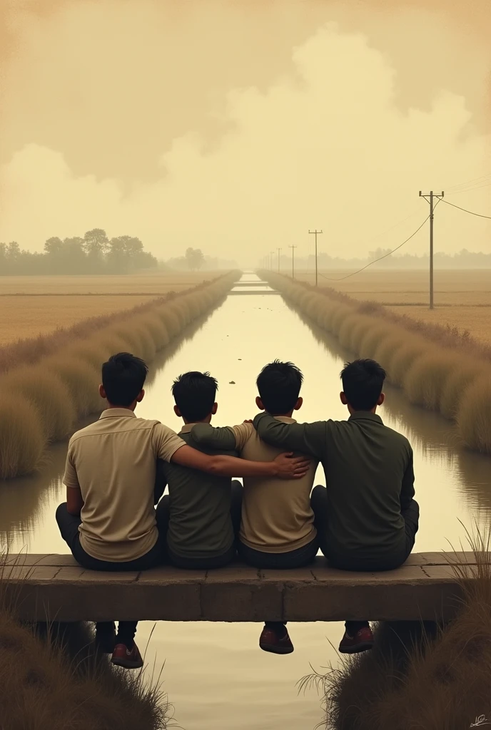 Creat an image of four friends
1st one name is Hamza ,his height is 6.1
Other name is zeshan ,his height is about to 6.4
Thrid one is Ahmad 6.0
Fourth is talha height is 5.11
Standing on the bridge of the canal
Without showing their faces
Make image vintage in brown
Shwoing their back side
The weather was cloudy
and they are sitting on the bridge
The canal was beside the village
Make the bridge staright
And they put their arms to eachother shoulders
Make them sitting and put fields around the canal.not houses