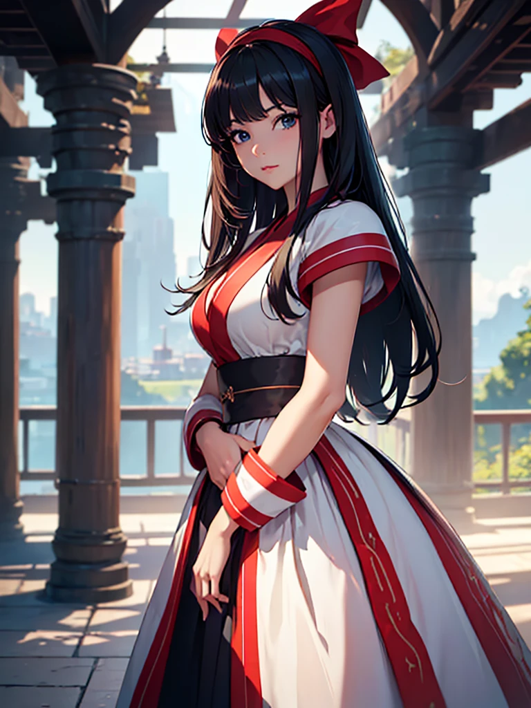 (masterpiece、top-quality、hight resolution、Unity 8k、extremely details CG:1,Best Picture), A refined, pure-looking lady speaking with a mix of teasing and caution, saying 'You're dressed like that, but aren't you actually a virgin?' The view is from the perspective of the woman being spoken to, red ribbon, hair band