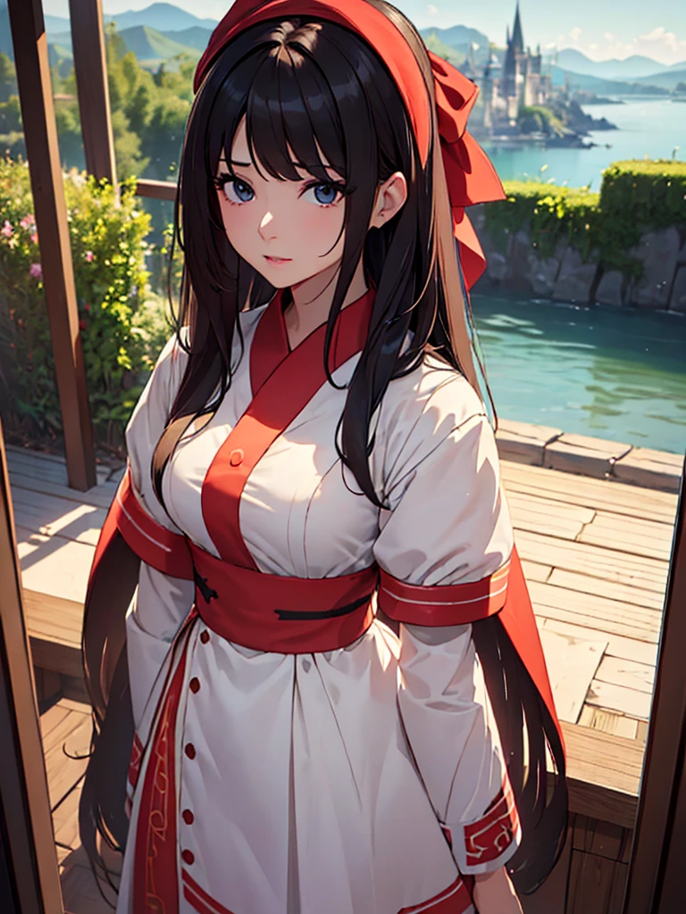 (​masterpiece、top-quality、hight resolution、Unity 8k、extremely details CG:1,Best Picture), A refined, pure-looking lady speaking with a mix of teasing and caution, saying 'You're dressed like that, but aren't you actually a virgin?' The view is from the perspective of the woman being spoken to, red ribbon, hair band