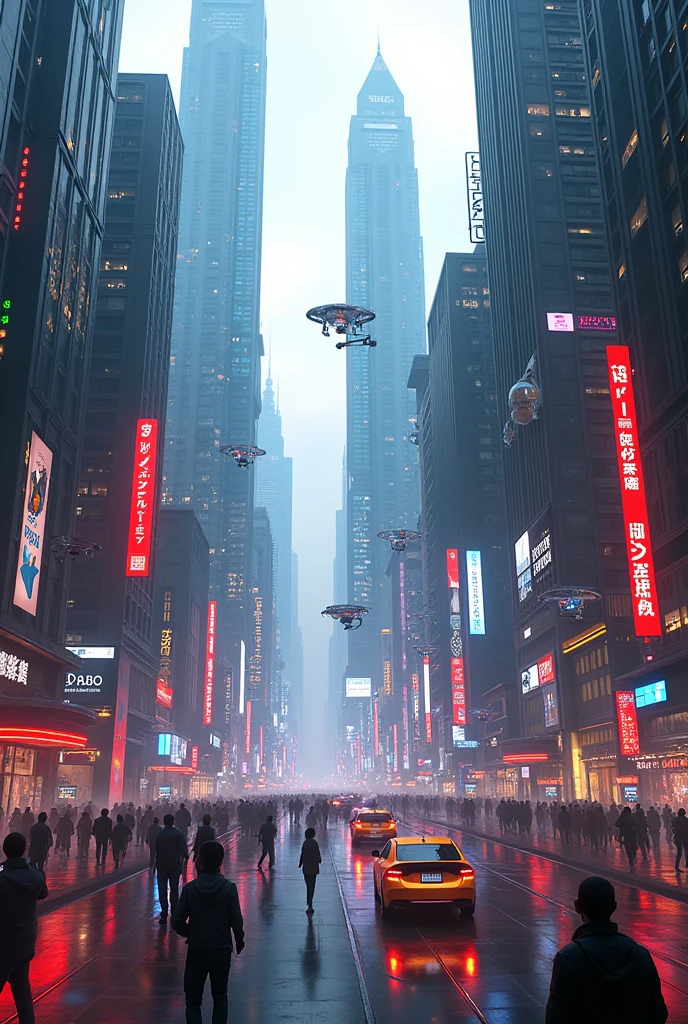 "A futuristic cityscape with towering skyscrapers and neon lights, bustling streets below, set in a vertical 9:16 aspect ratio."