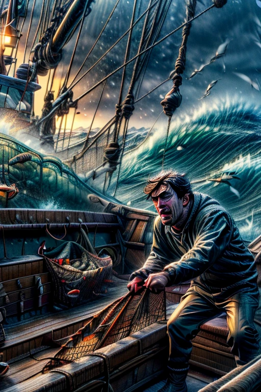 Man fishing for a shark. The scene is depicted in anime realism, showcasing a detailed, perfect illustration of fishing action. The setting features a chaotic, violent landscape with churning waters, Man skillfully handling her fishing rod, and a sense of anticipation in the air as hefishes for sharks. The illustration is vibrant and captures the essence of anime realism, with careful attention to detail in the fisherman's attire, expression, and the surrounding environment, photo-realistic:1.37, (best quality,4k,8k,highres,masterpiece:1.2),ultra-detailed,HDR,vivid colors,studio lighting,extreme detail description