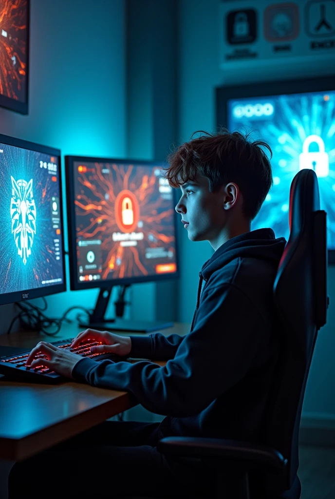 Epic realistic photography, of a 19-year-old boy sitting in a gaming chair in a gaming room with a computer and large screens and on the screens you can see the name GilbertoHack1, On the screen you see images of hackers 