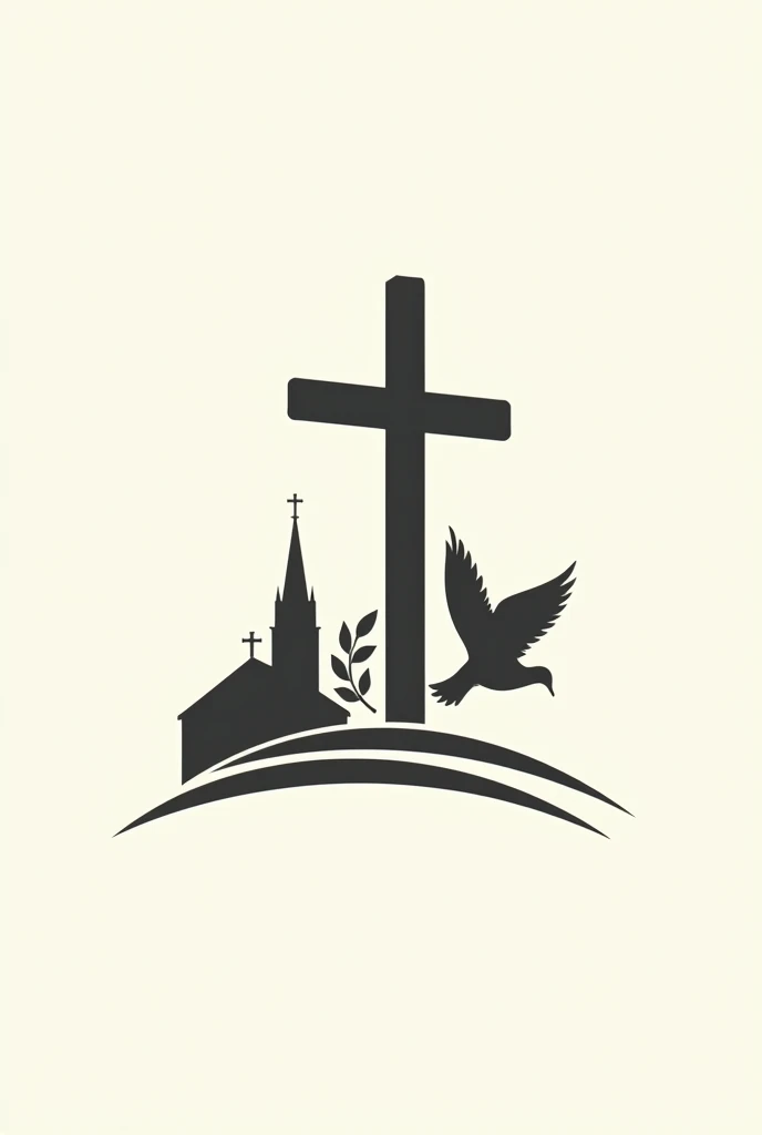 Church logo with cross in the front and church in the back and dove with leaves design