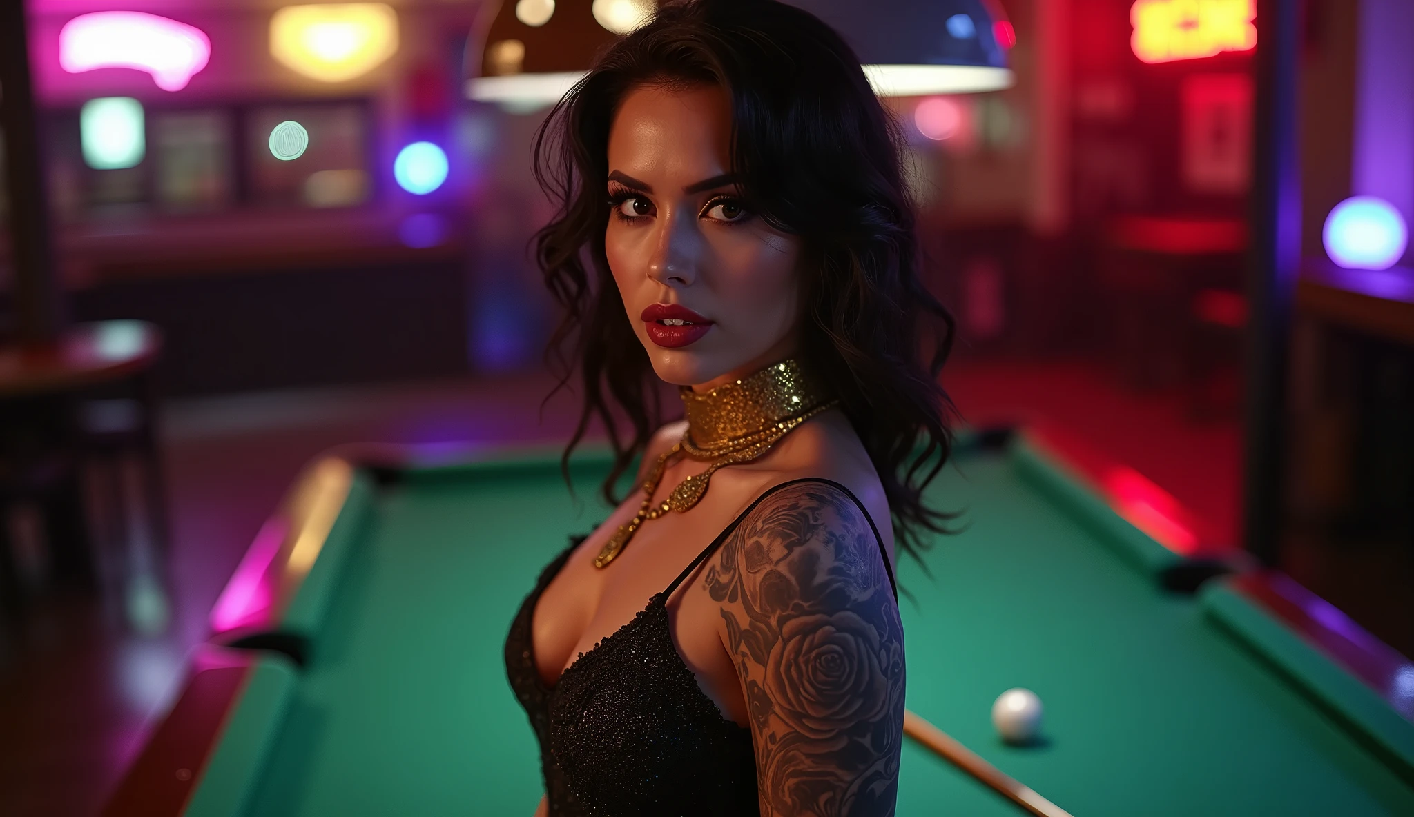 (masterwork:1.1), (photorealism:1.1), ((high angle POV:1.4)), (1bimbo), (looking up to camera:1.2), whole arm tattoo, flushed, alternative woman, (open mouth), (luxury dress:1.1), golden chocker, detailed photograph, high detailed, HDR, sharp focus, focus on face, medium breasts, dark eyeliner, lipstick, (stay near billiard table), at night, background lights, color photo, shallow depth of field, damp hair, night club light