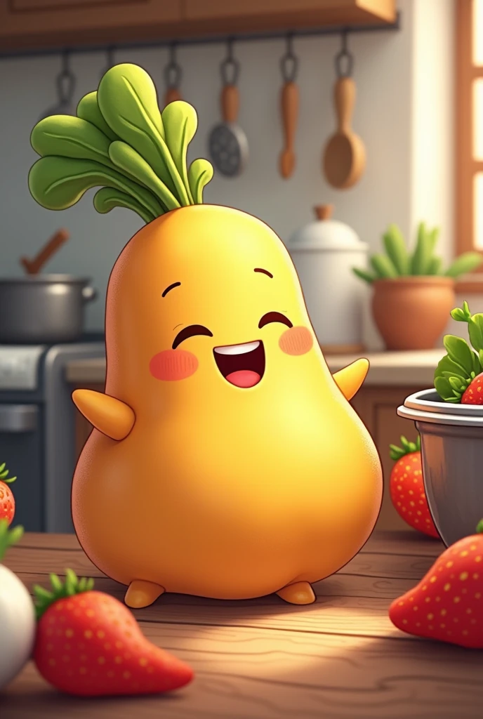 Generate an image of a cute happy yam talking to other vegetables in the background of a kitchen with pots and strawberries